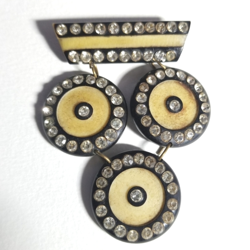 Vintage Art Deco brooch early plastic pin yellow black clear rhinestones